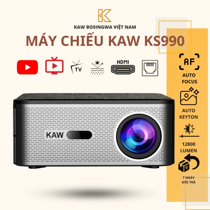 Máy chiếu Mini KS990, Tìm kiếm bằng giọng nói, Máy chiếu thông minh, Xem Tivi Youtube Netflix