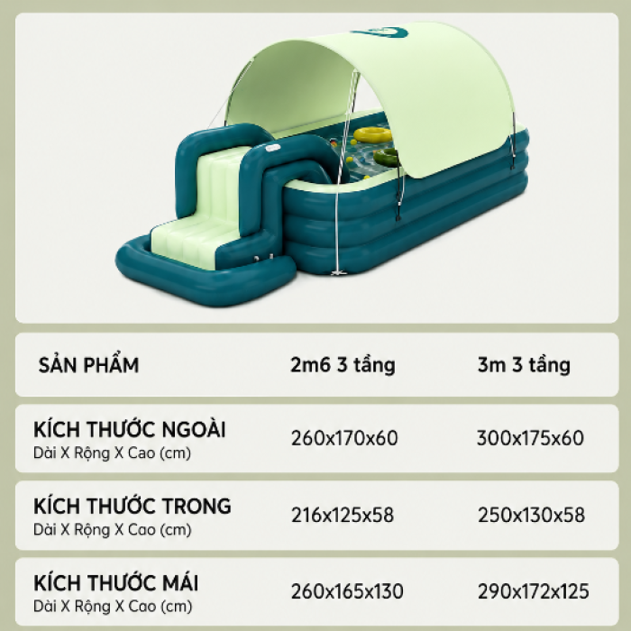 Bể Bơi Phao KAW 3m Xanh Lá Có Mái Che, Có Hộp, Chính Hãng