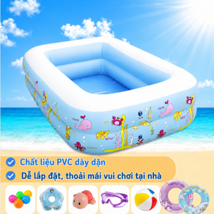 Bể Bơi Phao Hình Chữ Nhật 130cm Xanh Trắng, Đáy Chống Trượt, Giá Tốt, Đa Năng