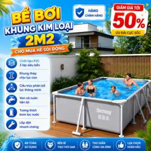 Bể Bơi Khung Kim Loại 2.2m Màu Ghi, Bạt 3 Lớp Chịu Lực Siêu Bền, Giá Tốt