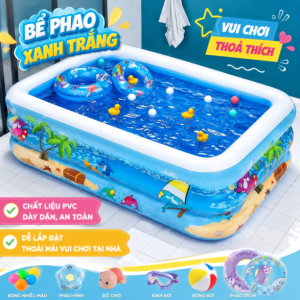Bể Bơi Phao 180cm Hình Chữ Nhật Xanh Trắng, Giá Tốt, PVC Cao Cấp, Đáy Chống Trượt