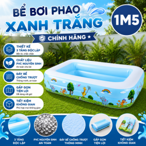 Bể Bơi Phao Hình Chữ Nhật 150cm Xanh Trắng, Giá Tốt, PVC Cao Cấp 