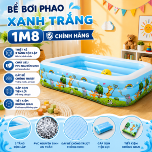 Bể Bơi Phao 180cm Hình Chữ Nhật Xanh Trắng, Giá Tốt, PVC Cao Cấp, Đáy Chống Trượt