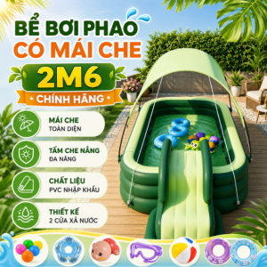 Bể Bơi Phao 2m6 Có Mái Che Màu Xanh Lá, Chống Nắng Cho Bé, Giá Tốt, Không kèm cầu trượt