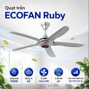 Quạt Trần ECOFAN Ruby Màu Xám - 5 Cánh ABS Cao Cấp, Tiết Kiệm Điện, Công Suất 200W