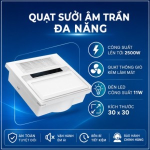 Quạt Sưởi Âm Trần Đa Năng 30x30 Màu Trắng - Chính Hãng, Giá Tốt, 4 Trong 1 Tích Hợp Đèn LED