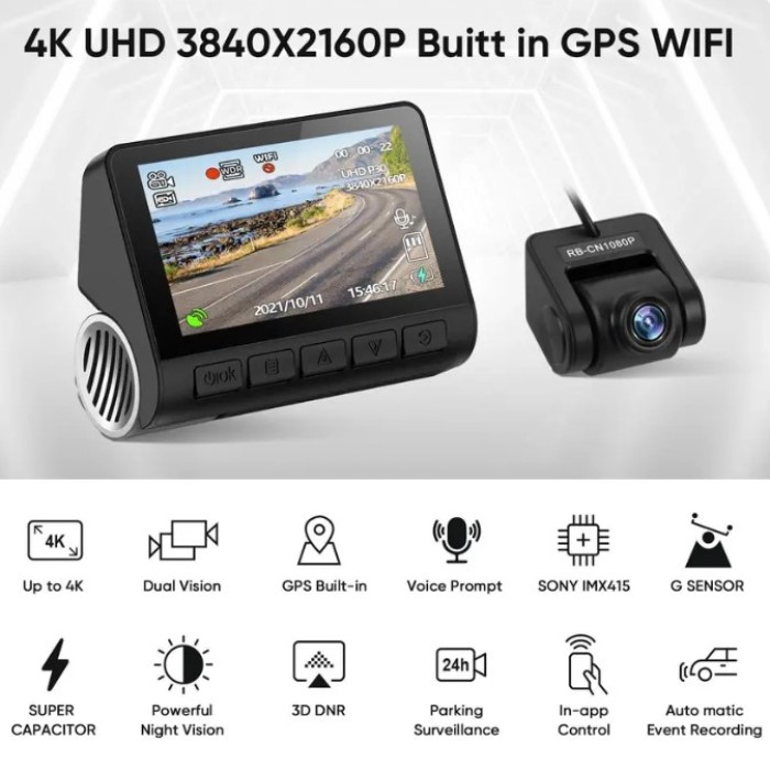 Camera Hành Trình V55 - 4K Màu Đen, Giám Sát 24H, Ghi Hình Đêm Siêu Nét