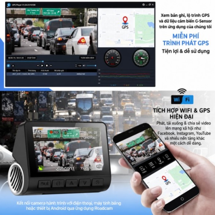 Camera Hành Trình V55 - 4K Màu Đen, Giám Sát 24H, Ghi Hình Đêm Siêu Nét