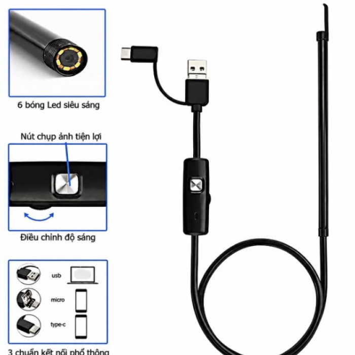 Camera Nội Soi Tai Siêu Nét 3 Trong 1 - Máy Lấy Ráy Tai Có Camera Mini Cho Điện Thoại, Chống Nước IP67 (Tặng Đầu Lấy Ráy) 