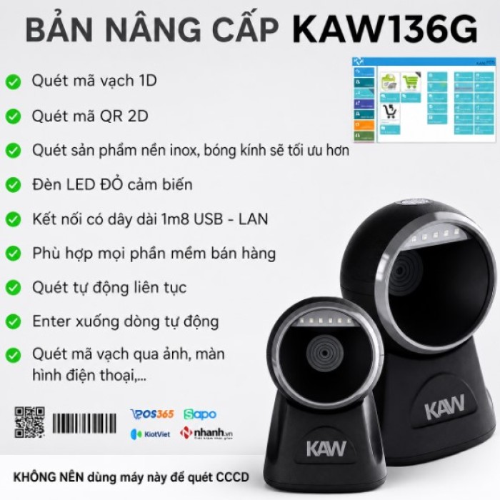 Máy Quét Mã Vạch Để Bàn KAW 136G Bản Nâng Cấp - Quét 1D/2D Chính Hãng, Công Nghệ CMOS, Giá Tốt