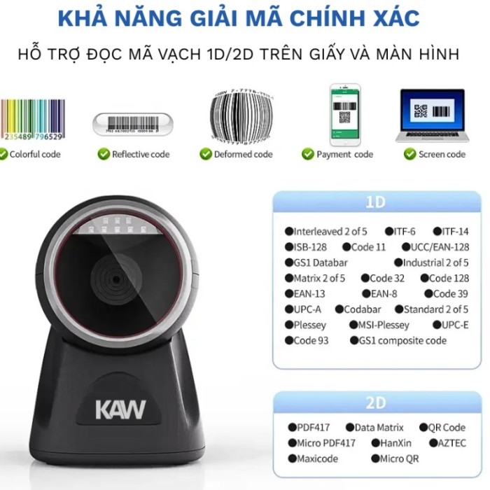 Máy Quét Mã Vạch Để Bàn KAW 136G Bản Nâng Cấp - Quét 1D/2D Chính Hãng, Công Nghệ CMOS, Giá Tốt