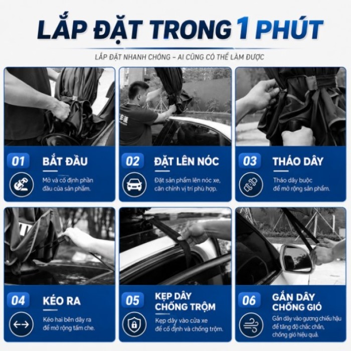Mái Che Nắng Ô Tô Gấp Gọn 4.2m Màu Xanh Than Chống Nóng, Bảo Vệ Nội Thất, Gấp Gọn Nhanh