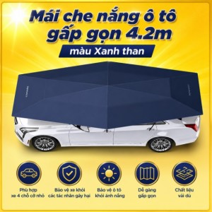 Mái Che Nắng Ô Tô Gấp Gọn 4.2m Màu Xanh Than Chống Nóng, Bảo Vệ Nội Thất, Gấp Gọn Nhanh