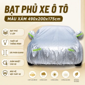 Bạt Phủ Xe Ô Tô Màu Xám (490x200x175cm) - Chống Nắng, Chống Nước, 3 Lớp Siêu Bền